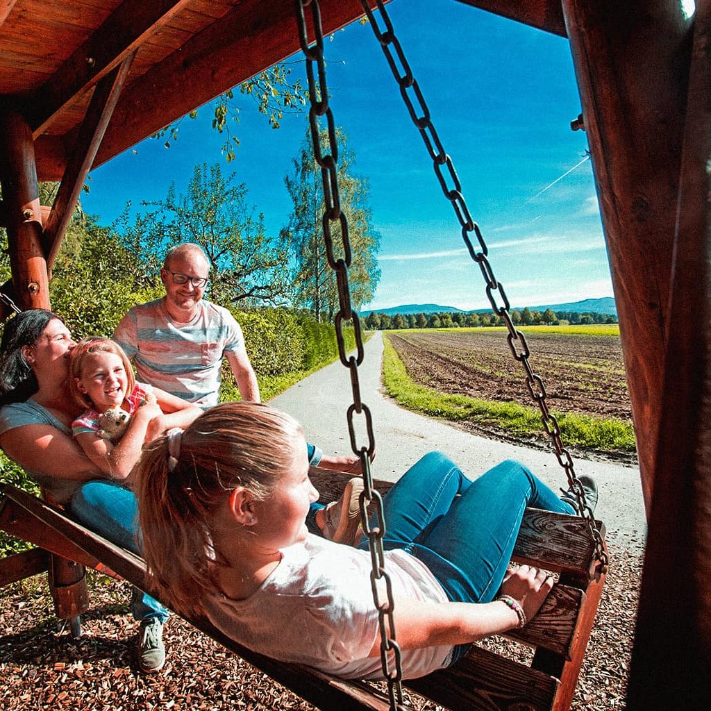 Zwei Kinder und zwei Erwachsene sitzen auf einer Schaukel und schauen in die Landschaft