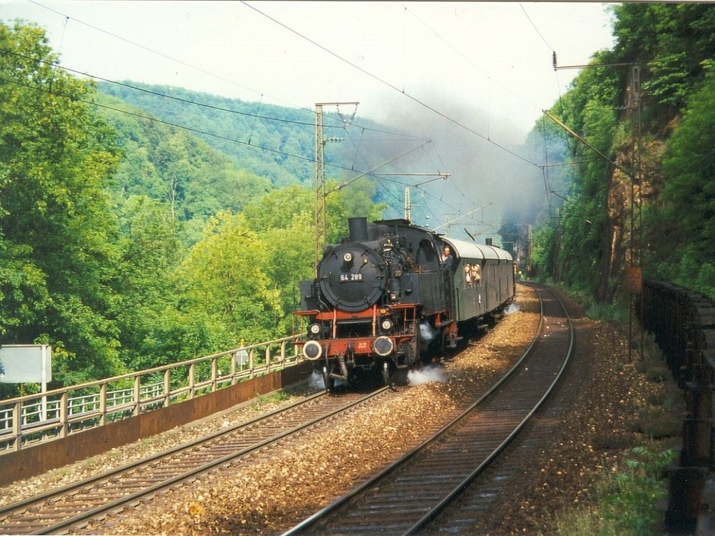 Historischer Sonderzug mit Dampflok 64 289 fährt durch eine grüne, bewaldete Landschaft auf einer Bahnstrecke