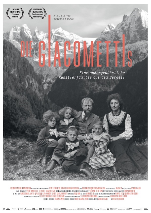 Filmplakat von Die Giacomettis mit einem historischen Schwarz-Weiß-Foto der Familie Giacometti vor Bergkulisse und dem Titel in roten Großbuchstaben.