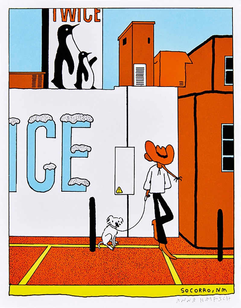 Haustiere in der Kunst: Illustration einer stilisierten Person mit Cowboyhut und kleinem weißen Hund vor einer Häuserwand mit Pinguin-Werbung und dem Schriftzug „ICE“ – Siebdruck von Anna Haifisch, 2023