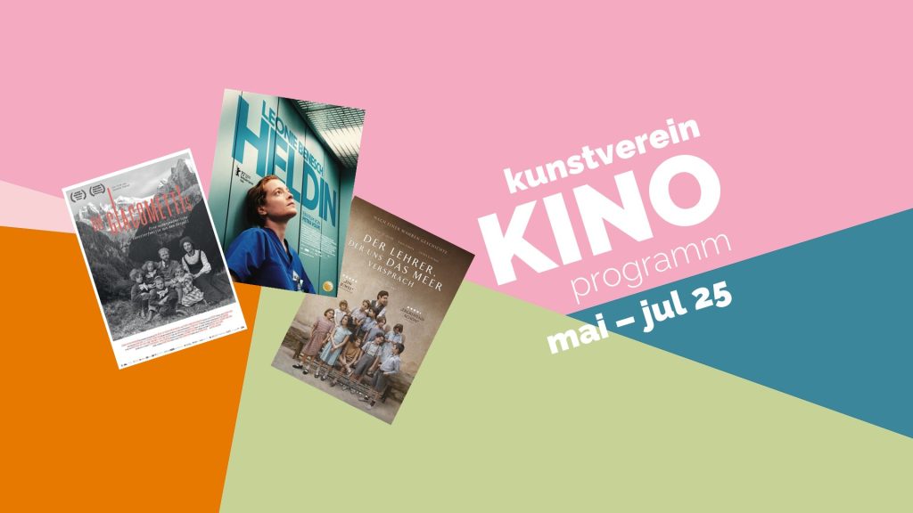 Grafisches Titelbild zum K3-Kinoprogramm Mai bis Juli 2025 mit Filmplakaten von Die Giacomettis, Heldin und Der Lehrer, der uns das Meer versprach auf farbigem Hintergrund.