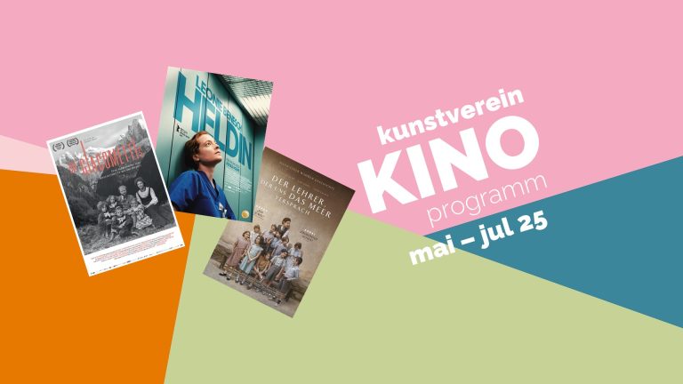 Grafisches Titelbild zum K3-Kinoprogramm Mai bis Juli 2025 mit Filmplakaten von Die Giacomettis, Heldin und Der Lehrer, der uns das Meer versprach auf farbigem Hintergrund.