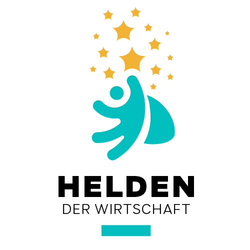 Logo der Helden der Wirtschaft – Teil der Heldenwahl Göppingen 2025; türkisfarbene Figur mit Cape und goldenen Sternen auf weißem Hintergrund.