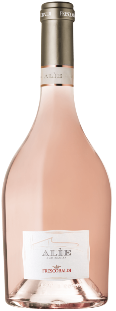 Flasche Frescobaldi Alìe Rosato: Stilvolle Roséweinflasche in elegantem Design mit lachsrosa Inhalt, silbernem Hals und edlem Etikett – ein frischer Roséwein aus der Toskana.