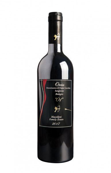 Flasche Maschelloni “01” Orcia: Dunkle Rotweinflasche mit schwarzem Etikett, goldenen und roten Designelementen und elegantem Schriftzug, enthält biologisch erzeugten Sangiovese aus der Toskana.