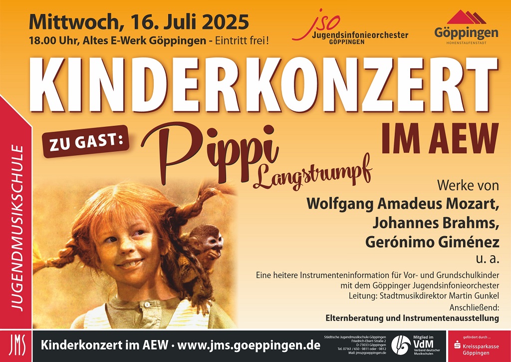 Plakat zum Kinderkonzert der Jugendmusikschule Göppingen 2025 mit Pippi Langstrumpf als Gast, Konzertdatum, Orchesterinfos und Programminhalten.