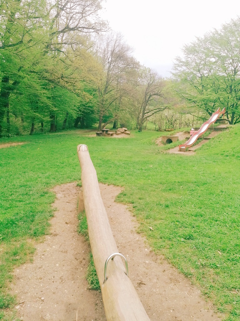 Naturnaher Waldspielplatz mit Wippe, Rutsche und Picknickstelle.