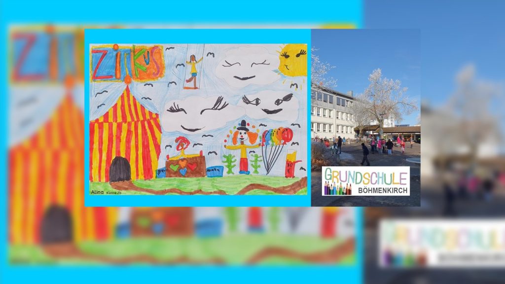 Buntes Kinderbild von Alina (Klasse 2b) mit Zirkuszelt, Clown, Luftballons und lachenden Wolken – gezeichnet zum Zirkusprojekt der Grundschule Böhmenkirch