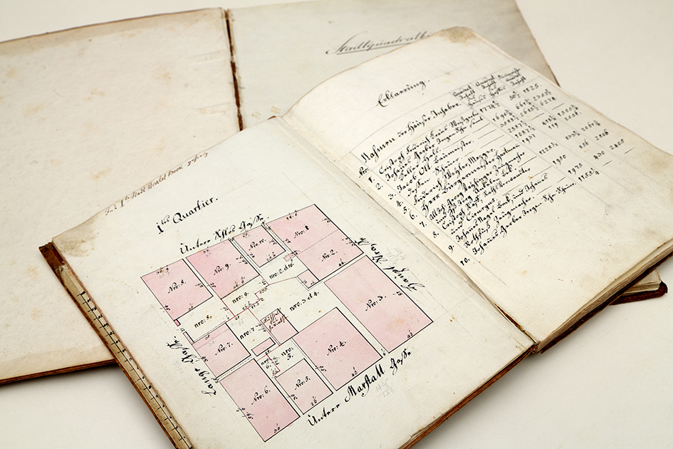 Historisches Buch mit handgezeichnetem Stadtplan und Tabellen im Stadtarchiv Göppingen