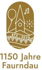 Goldfarbenes Jubiläumslogo „1150 Jahre Faurndau“ mit stilisierter Kirche, Luftballon, Noten, Sonne und dem Schriftzug „875–2025“.