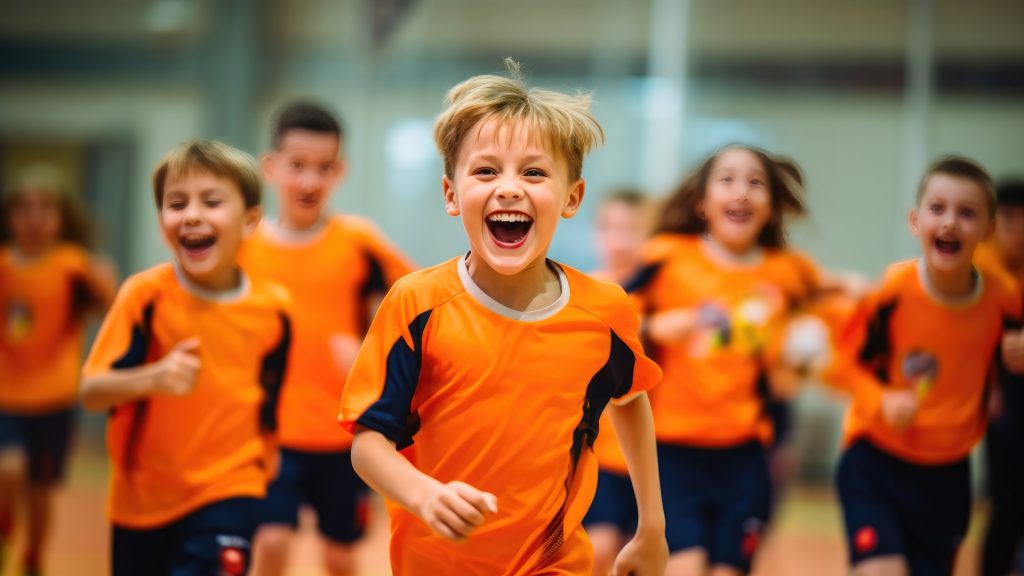Kinder jubeln in orangefarbenen Trikots bei einem Hallensportevent – Symbolbild für die Trikotaktion der Kreissparkasse Göppingen