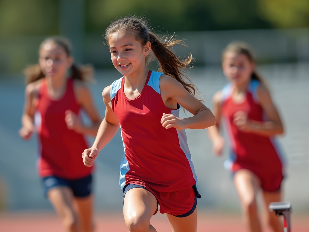 Mädchen im roten Trikot beim gemeinsamen Leichtathletiklauf