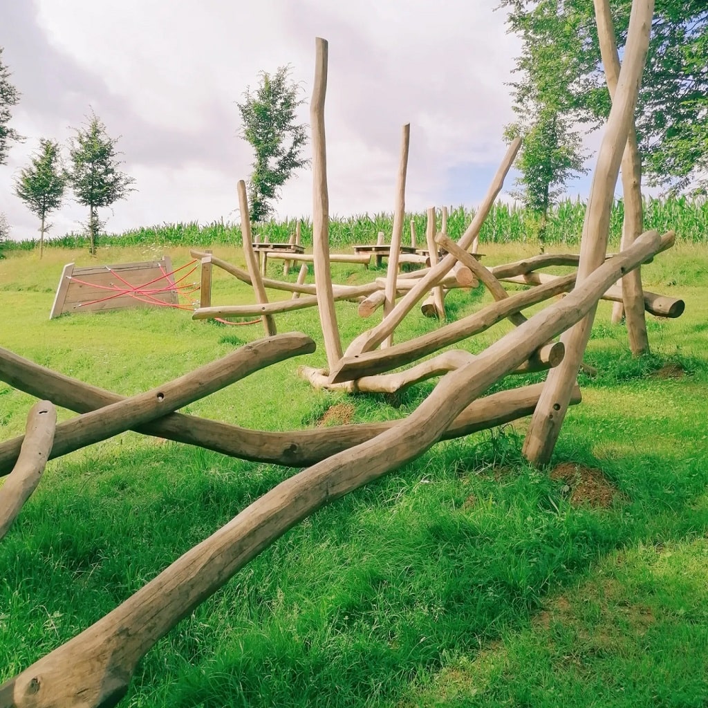 Start der Mini-Wanderung zum Waldspielplatz in Wäschenbeuren über Wiesenweg mit Kletterelementen aus Holz.