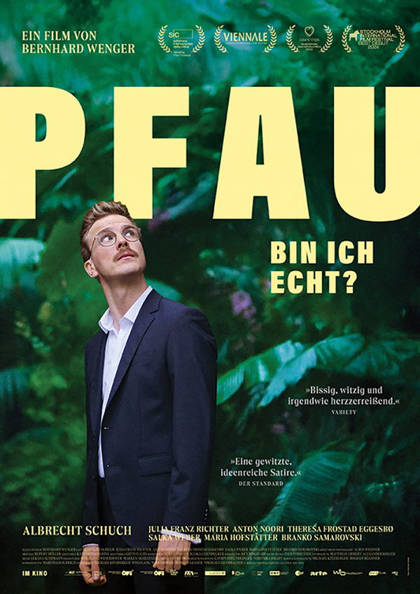 Filmplakat „Pfau – Bin ich echt?“ – Kino Klub K3 Göppingen Herbst/Winter 2025. Satirisches Drama von Bernhard Wenger mit Albrecht Schuch.