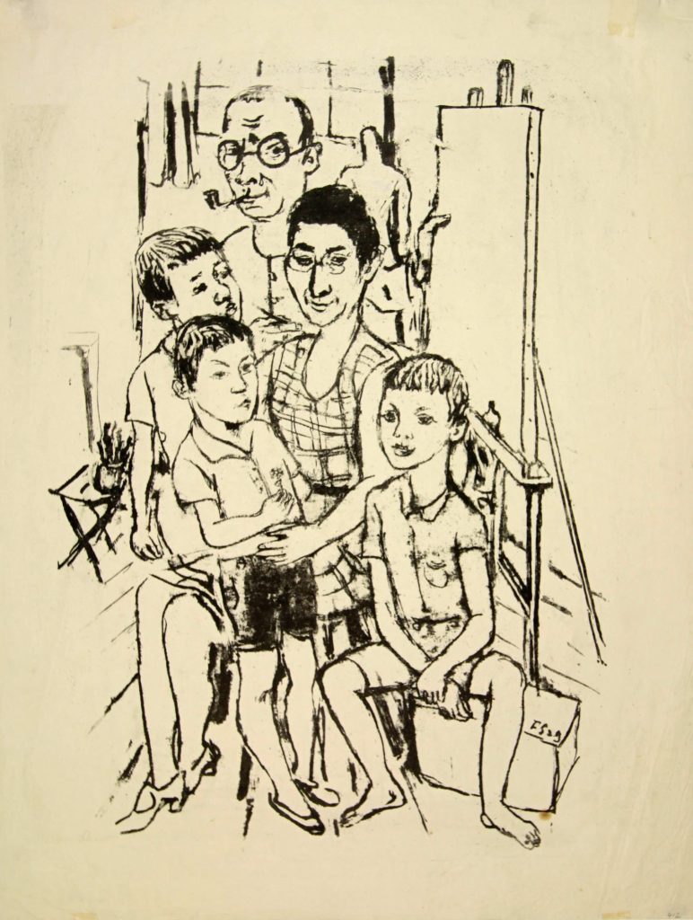 Fritz Steisslinger, Familienbild im Atelier, Lithografie von 1929 – frühes Beispiel in der Ausstellung Familienbande Schloss Filseck.