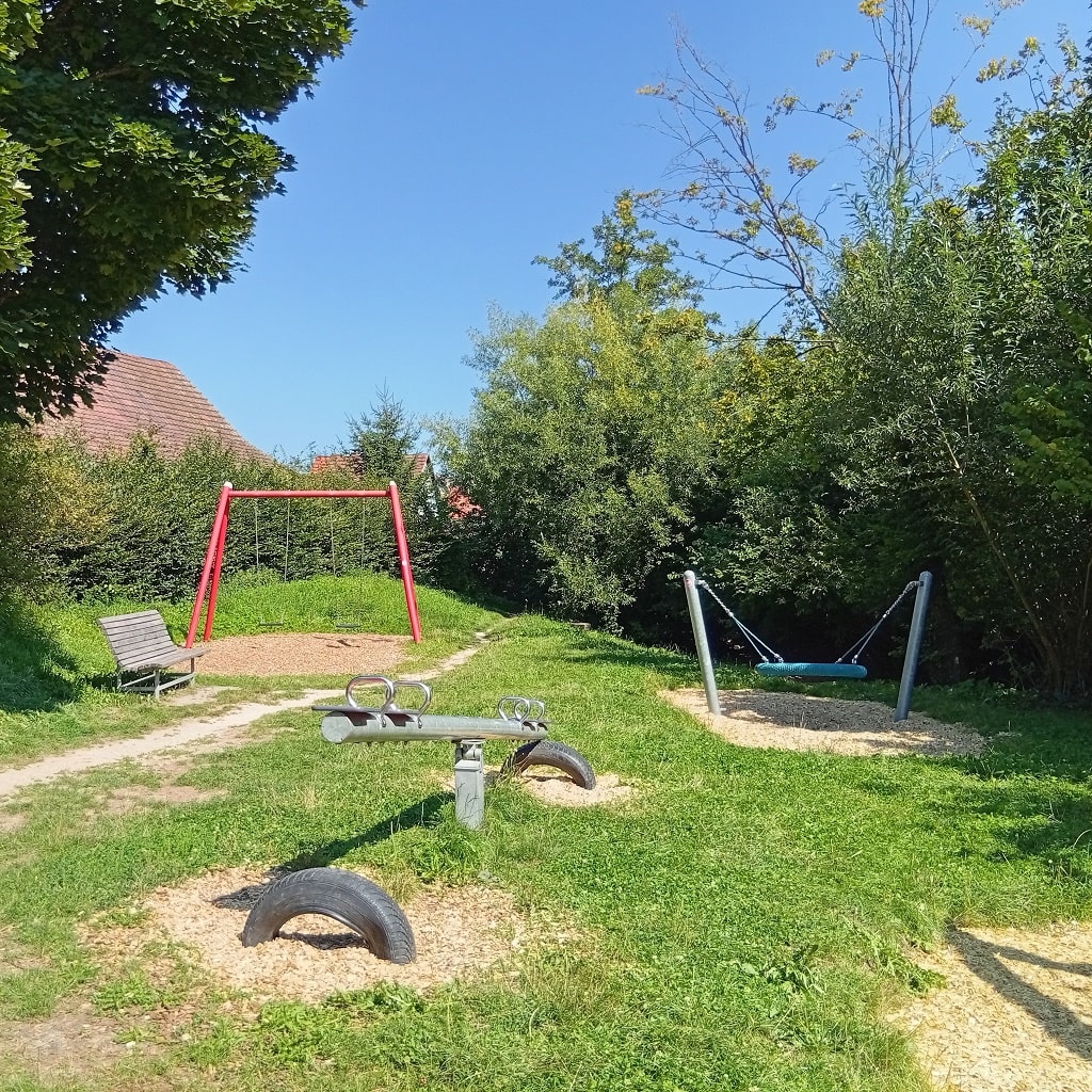 Nestschaukel, Wippe und Schaukeln auf einer grünen Spielwiese