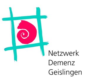 Logo des Netzwerks Demenz Geislingen: Türkises Quadrat mit offener Linie, darin eine rote Spirale, daneben der Schriftzug ‚Netzwerk Demenz Geislingen‘