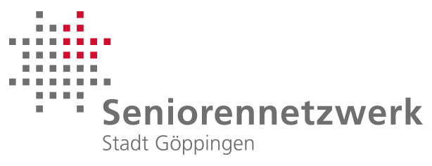 Logo des Seniorennetzwerks der Stadt Göppingen mit pixelartigem Symbol aus grauen und roten Quadraten sowie dem Schriftzug „Seniorennetzwerk Stadt Göppingen“.