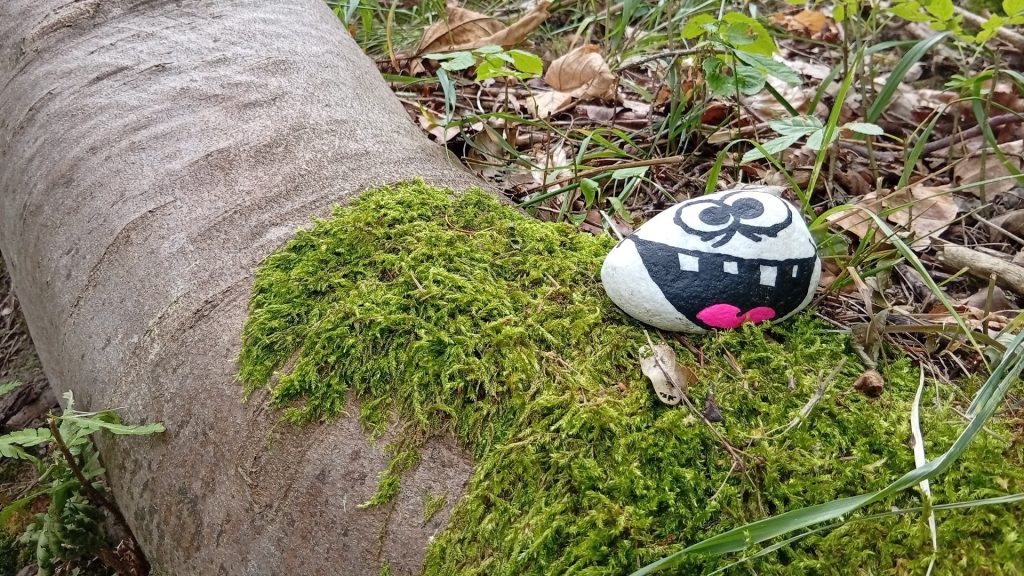 Wegweiser zum Steingesichter-Pfad in Bad Boll im grünen Wald