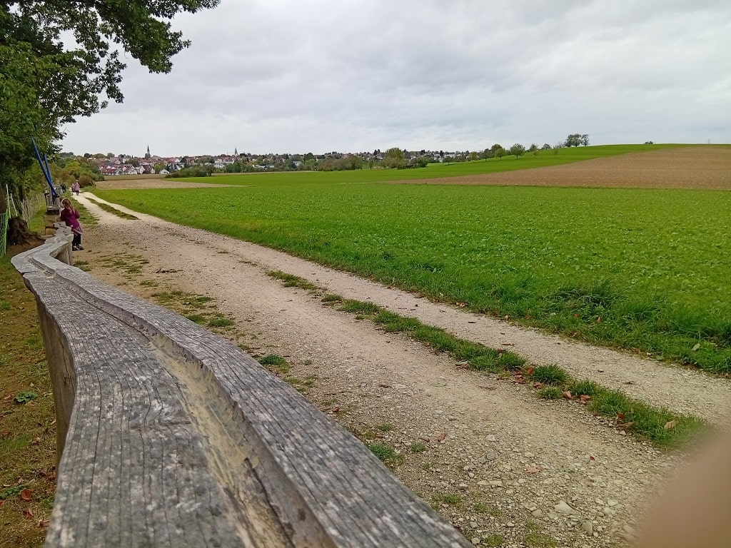 Blick auf die Holz-Kugelbahn am Wegesrand.