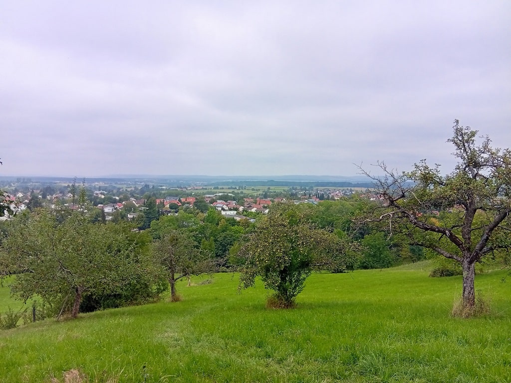 Grüne Wiesen und Blick auf Bad Boll vom Steingesichter-Pfad