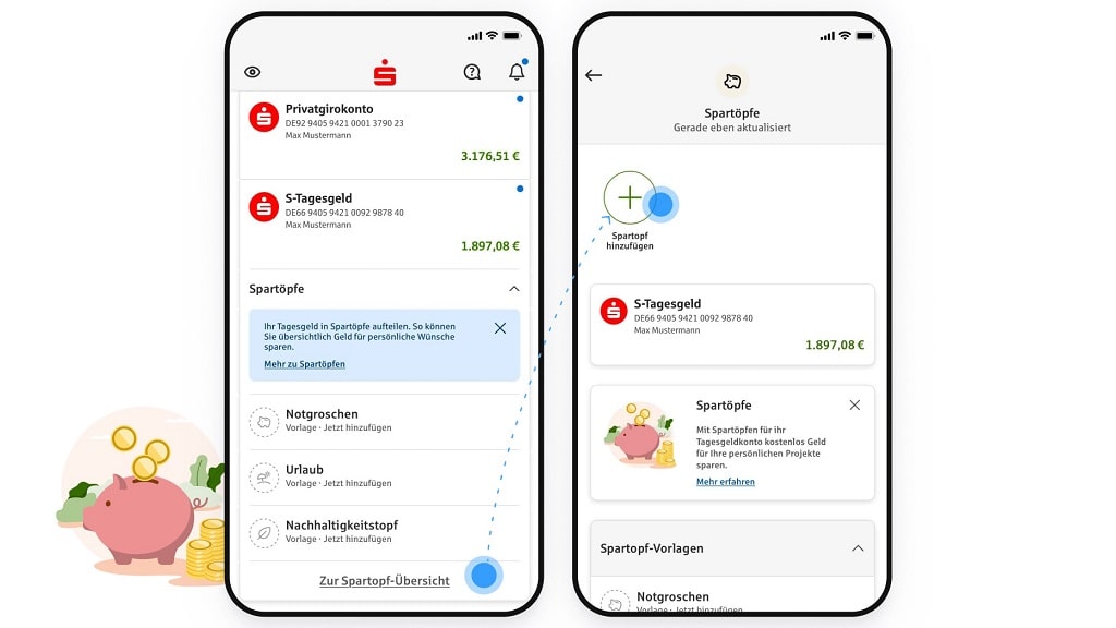 Zwei Smartphone-Ansichten der Sparkassen-App zeigen, wie Spartöpfe im Online-Banking angelegt und verwaltet werden können.