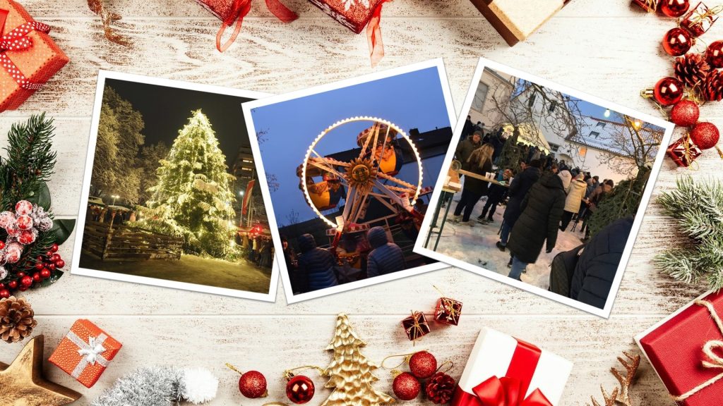 Collage Weihnachtsmarkt Holzheim, Weihnachtsmarkt Maitis und Dorfweihnacht Hohenstaufen: festlich beleuchteter Dorf-Weihnachtsbaum, beleuchtetes Kinderkarussell und Besucher auf der winterlichen Dorfweihnacht.