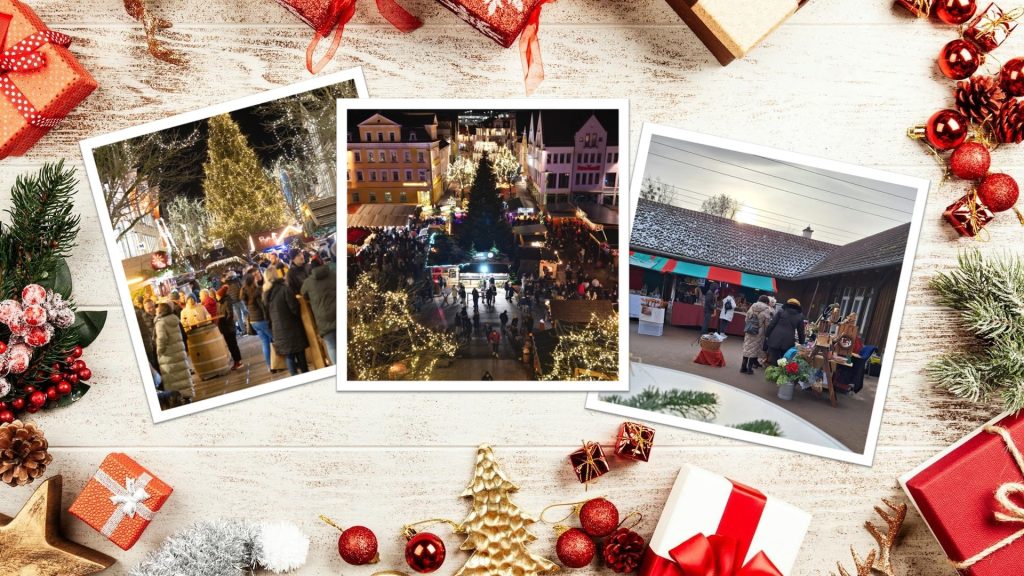 Collage mit stimmungsvollen Szenen der Waldweihnacht Göppingen und Waldeckhof Weihnachtsmarkt: Menschen vor dem leuchtenden Weihnachtsbaum, Blick über den festlich geschmückten Rathausplatz und Marktstände mit Handgemachtem auf dem Waldeckhof.