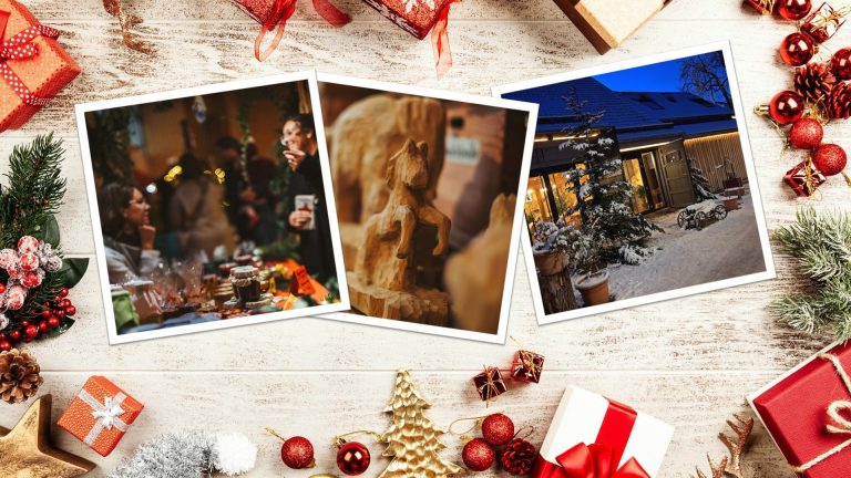 Collage mit Impressionen vom Martinsmarkt und Adventsmarkt in Faurndau: Marktstand mit Selbstgemachtem, geschnitztes Holzpferd und verschneiter Farrenstall im Lichterglanz der Adventszeit.