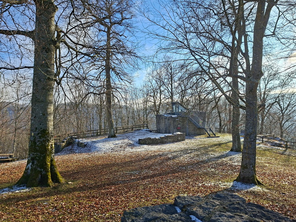 Freifläche auf dem Schlossberg mit alten Bäumen, Laub bedecktem Boden und den Mauerresten der Burgruine mit Treppenaufgang zur Aussichtsplattform im winterlichen Licht.