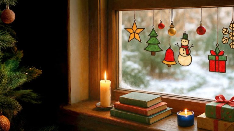 Stimmungsvolle Weihnachtsdekoration am Fenster als Einstimmung auf den S-Adventskalender 2025, mit Kerzen, Anhängern und winterlicher Aussicht.