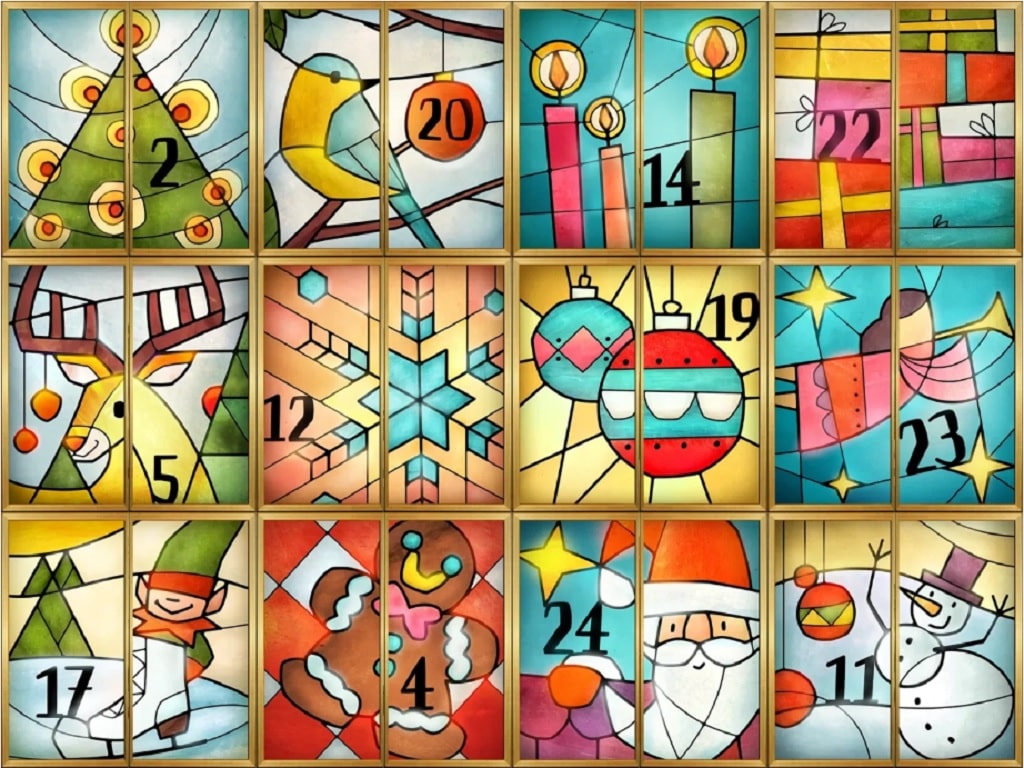 Illustration des digitalen S-Adventskalenders: obere 12 Türchen mit winterlichen Motiven wie Christbaum, Vogel, Kerzen, Rentier, Schneeflocke, Christbaumkugeln und Engel.