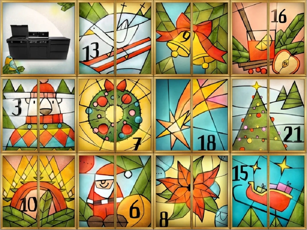 Illustration des digitalen S-Adventskalenders: untere 12 Türchen mit weihnachtlichen Motiven wie Grillküche, Gans, Glocke, Getränk, Eisbär, Kranz, Sternschnuppe, Weihnachtsbaum, Hütte, Nikolaus, Weihnachtsstern und Schlitten.