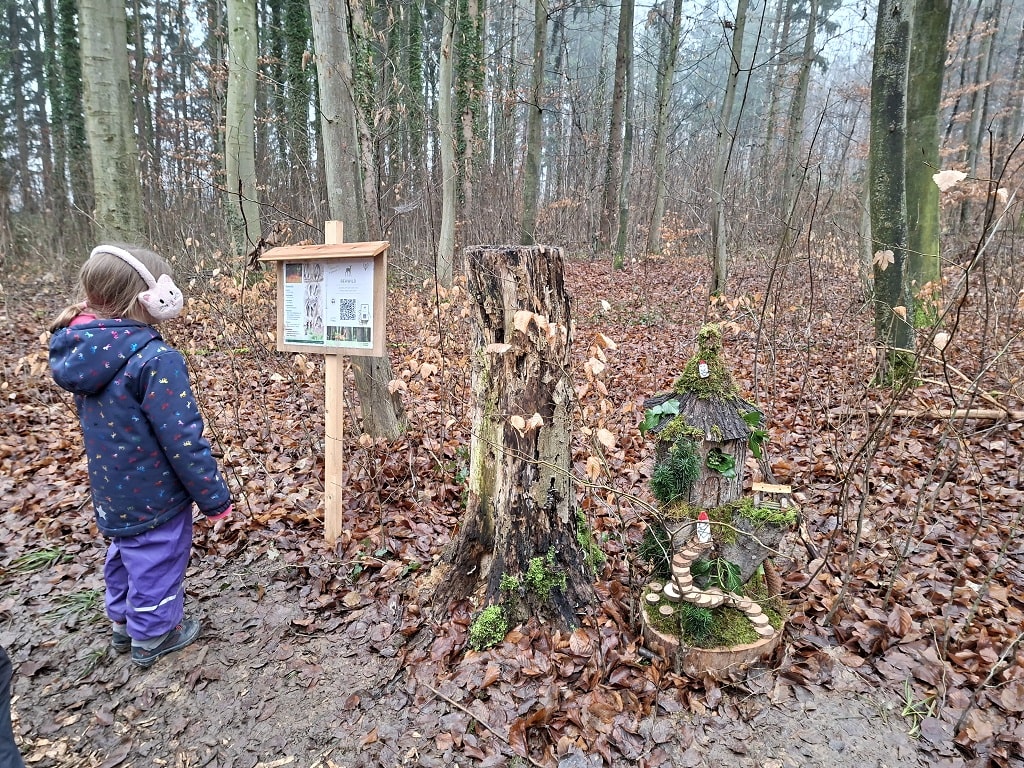Kind entdeckt eine Wichtelstation auf dem naturbelassenen Ohmdener Wichtelweg im Wald