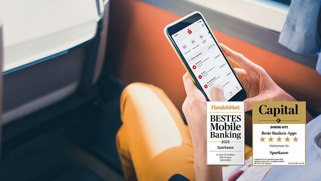 Die App Sparkasse auf dem Smartphone, ausgezeichnet als beste Banking-App von Capital und Handelsblatt.