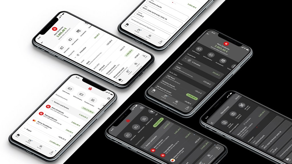 Übersicht der Funktionen der App Sparkasse mit Konten, Umsätzen und Überweisungen in heller und dunkler Ansicht.
