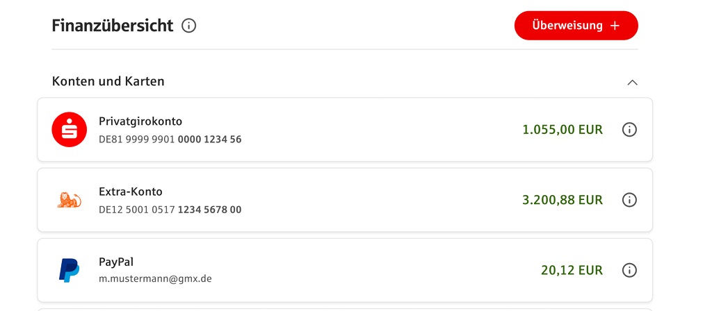 Finanzübersicht im Online Banking mit mehreren Konten und integriertem PayPal