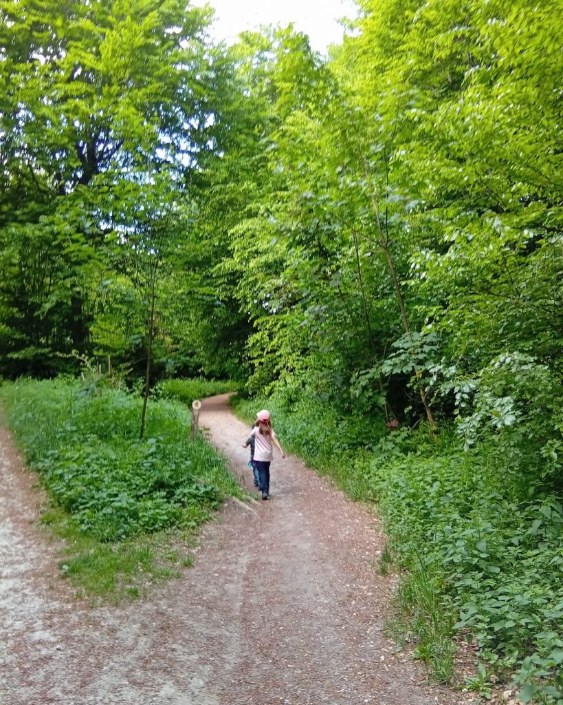 Kind läuft auf einem schmalen Waldweg des Waldkugelpfads Wendlingen, umgeben von dichtem, grünem Laubwald.