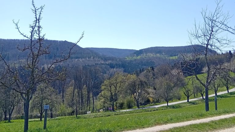 Frühlingshafte Landschaft mit Obstbäumen, Wiesen und Blick auf die Hügel rund um den Osteraktivpfad in Gingen an der Fils.