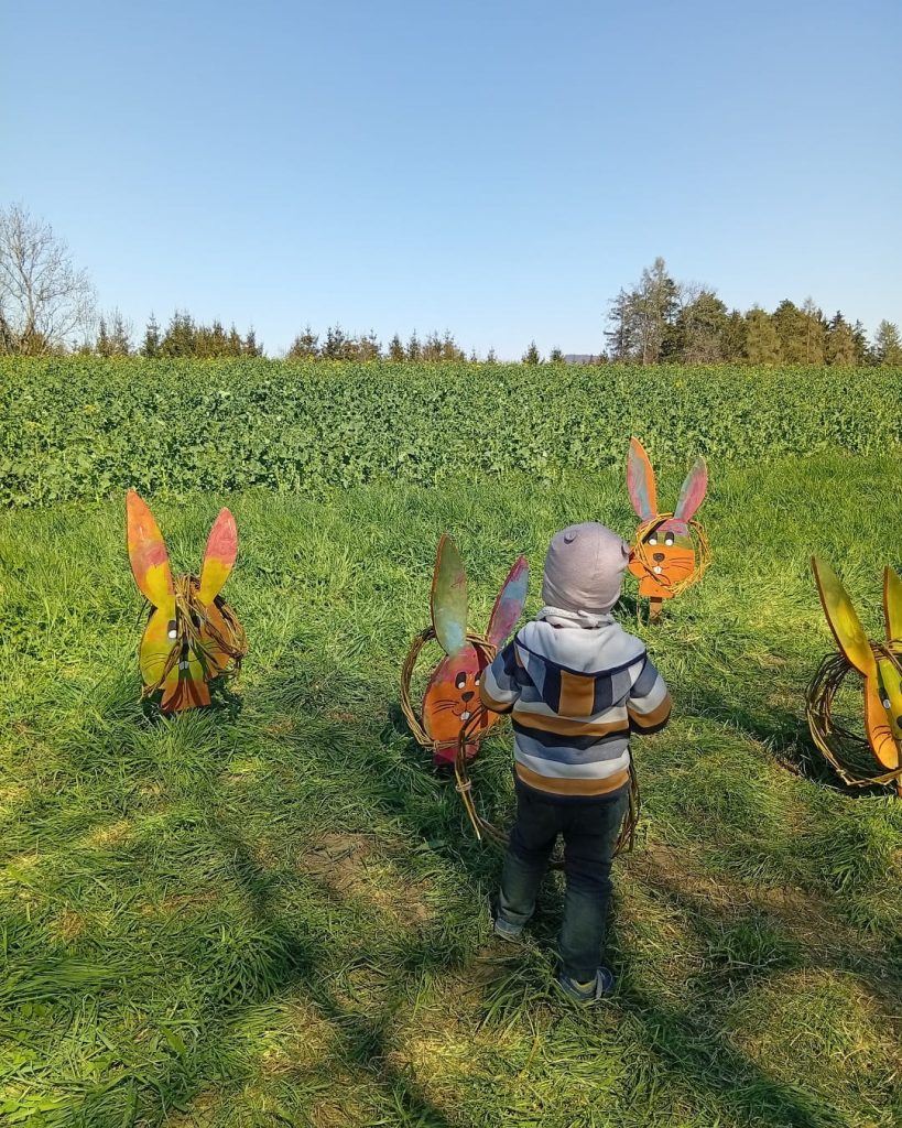 Kind entdeckt bunte Hasenfiguren aus Holz auf einer Wiese entlang des Osteraktivpfads in Gingen an der Fils.