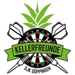 Logo der Dartsabteilung „Kellerfreunde“ der DJK Göppingen mit Dartscheibe und Dartpfeilen