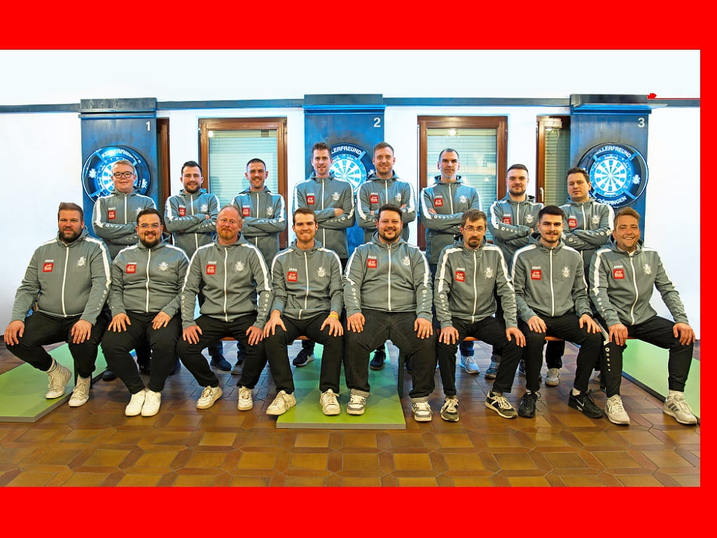 Mannschaft der Dartsabteilung „Kellerfreunde“ der DJK Göppingen nach der erfolgreichen Aufstiegssaison