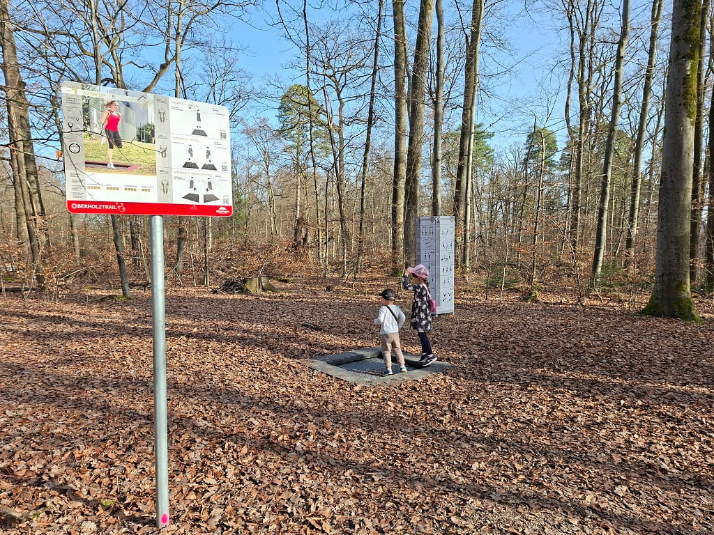 Waldmurmelbahn im Oberholz Göppingen mit Trimm-Dich-Station im Wald, zwei Kinder balancieren auf einer Fitnessstation zwischen Bäumen und Laubboden