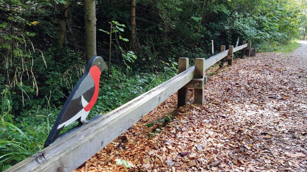 Holz-Kugelbahn im Wald mit geschnitzter Vogel-Figur entlang eines Weges, Thema Murmel wird olympisch