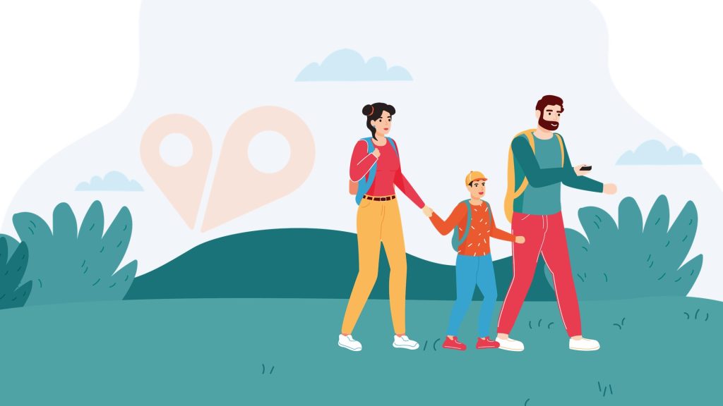Familie beim Wandern in der Natur – Illustration zur WirWunder Spendenwanderung der Kreissparkasse Göppingen