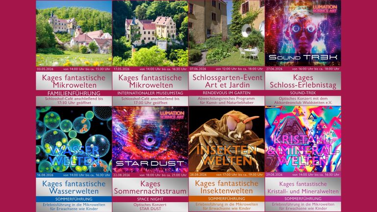Collage mit Veranstaltungsübersicht zu Kages Mikrowelten Schloss Weißenstein mit Terminen von Mai bis August 2026, Motiven aus Mikroversum, Schloss und verschiedenen Themenführungen