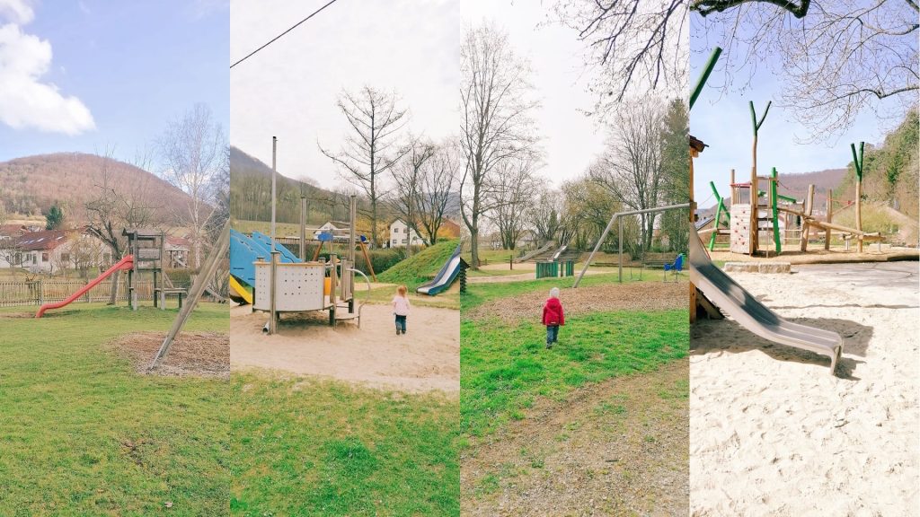 Collage aus vier Spielplätzen der Spielplatz-Tour Göppingen mit Rutschen, Schaukeln und Klettergeräten in naturnaher Umgebung