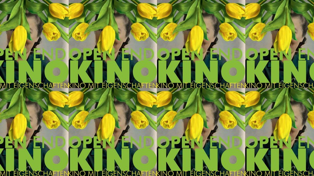 Grafisches Titelbild mit gelben Tulpen und wiederholtem Schriftzug „OPEN END KINO“ in grüner Typografie als visuelles Motiv für das Frühjahrsprogramm