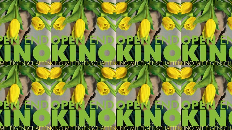 Grafisches Titelbild mit gelben Tulpen und wiederholtem Schriftzug „OPEN END KINO“ in grüner Typografie als visuelles Motiv für das Frühjahrsprogramm