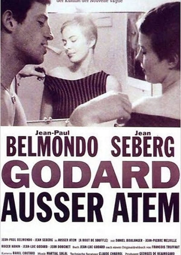 Filmplakat zu ‚Außer Atem‘ im Kino Klub K3 Göppingen: Ein Mann und eine Frau stehen vor einem Spiegel in einer Schwarz-Weißaufnahme. Der Titel ‚Godard Außer Atem‘ steht groß im unteren Bildteil.